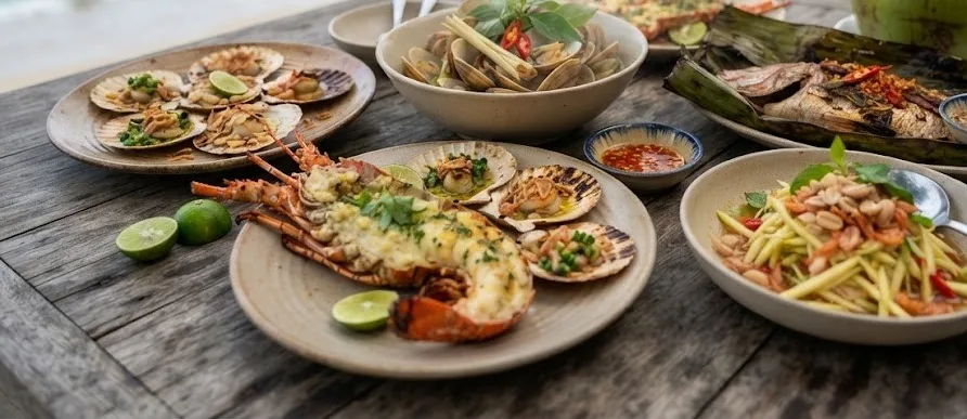 Grilled lobster, scallops, lemongrass clams, banana-leaf fish and green mango salad