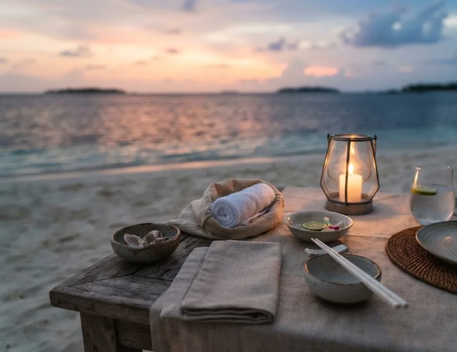 Beach dinner table with lantern, rolled towel, shell bowl and chopsticks at dusk