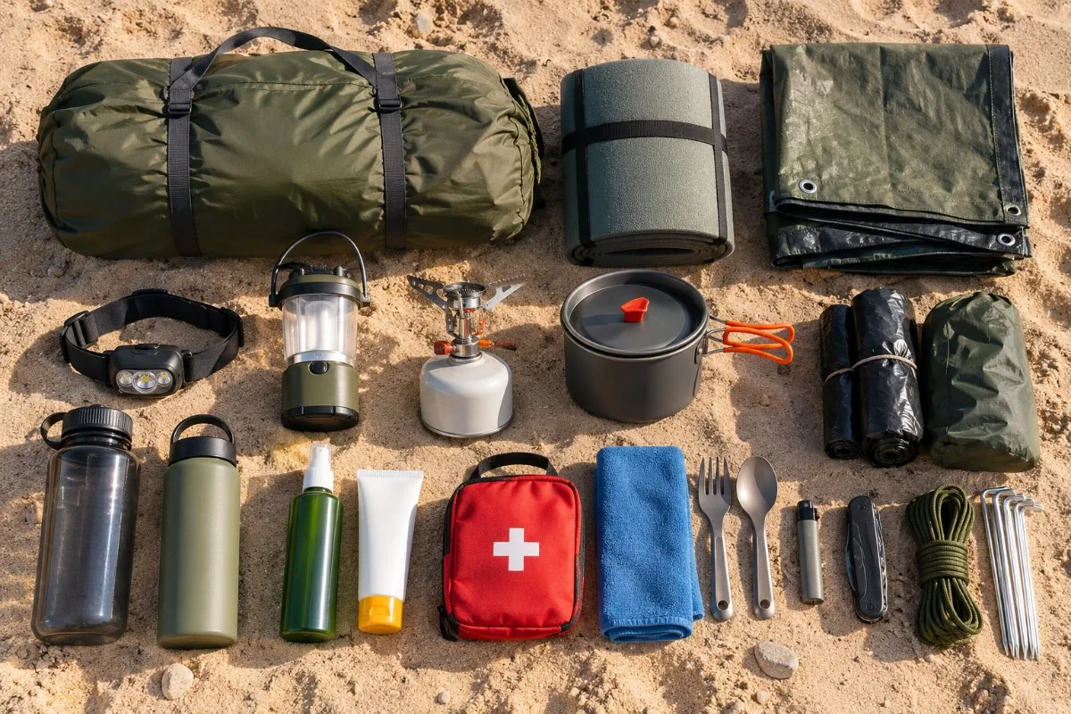 Tent bag, sleeping mat, headlamp, lantern, stove, pot, bottles, first aid kit and tarp on sand