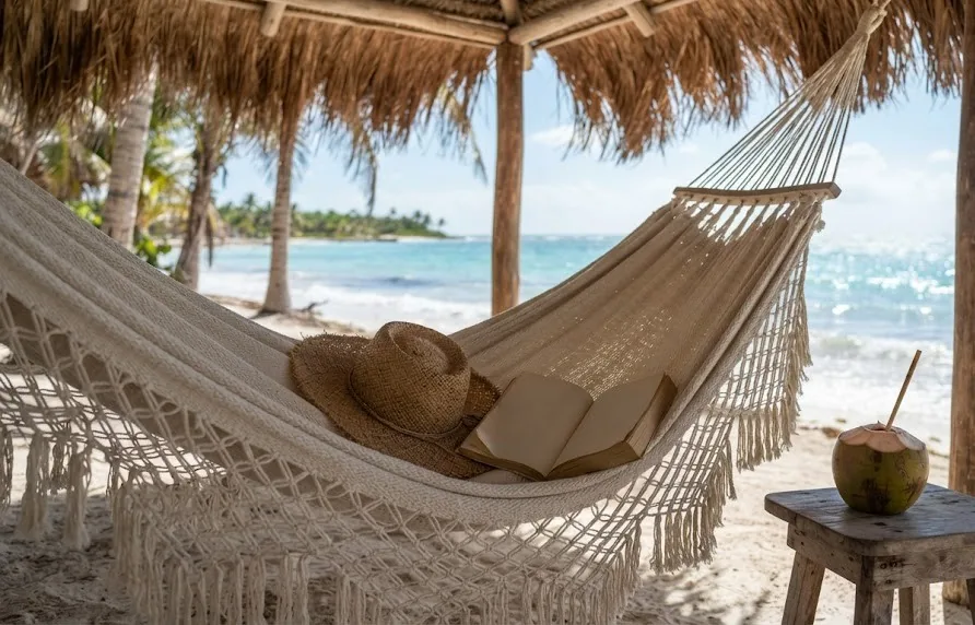 Woven hammock with a straw hat and book beside a coconut, facing turquoise sea