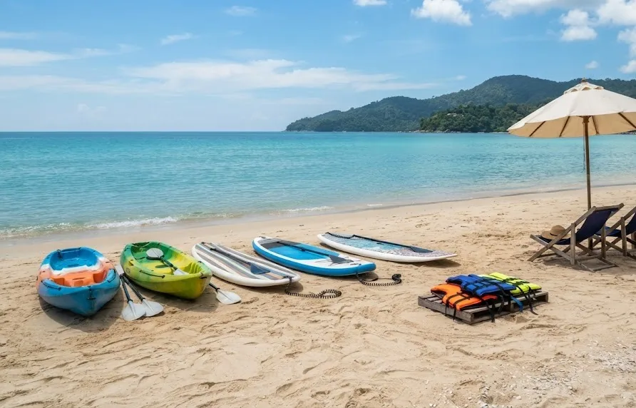 Colourful kayaks and stand-up paddleboards with paddles and life jackets on a sandy beach