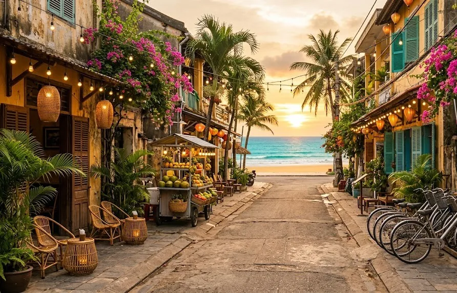 Cafe-lined beach neighbourhood street with string lights, fruit cart and bicycles leading to the sea