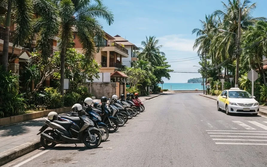 Row of parked scooters with helmets and a waiting taxi on a palm-lined street ending at the sea