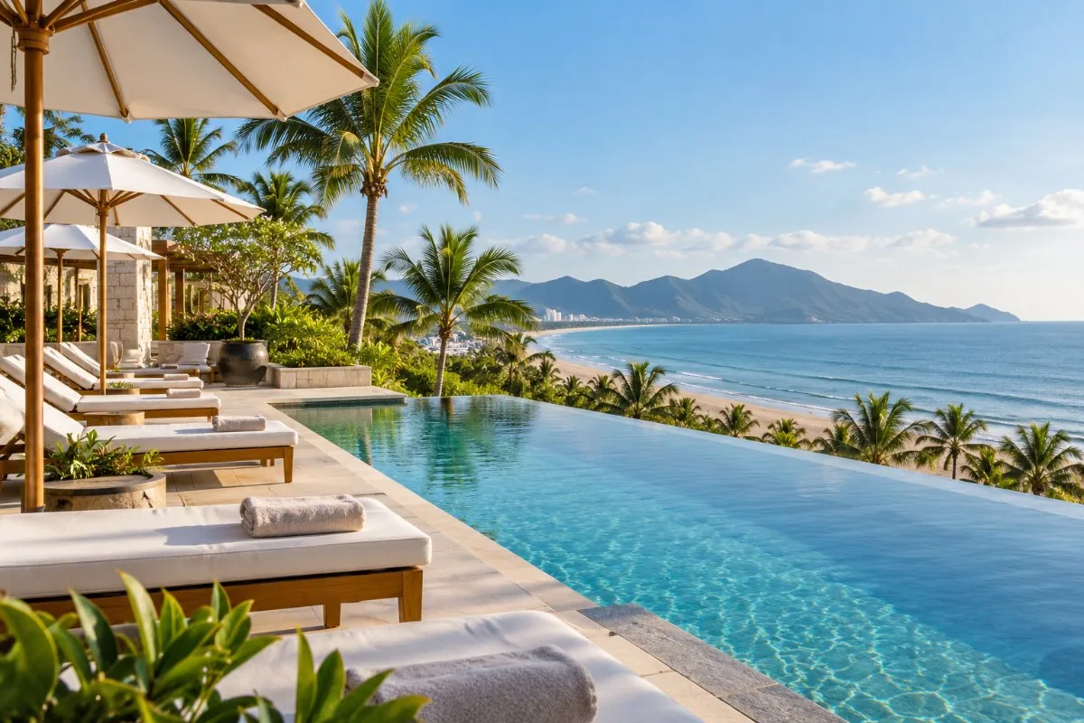 Infinity pool with sun loungers and umbrellas overlooking the sea