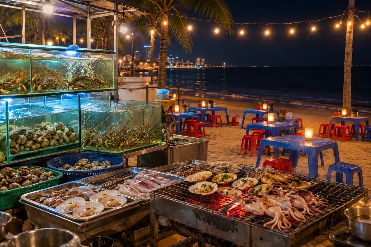 Seafood tanks, a charcoal grill with scallops and squid, and plastic tables on the sand at night