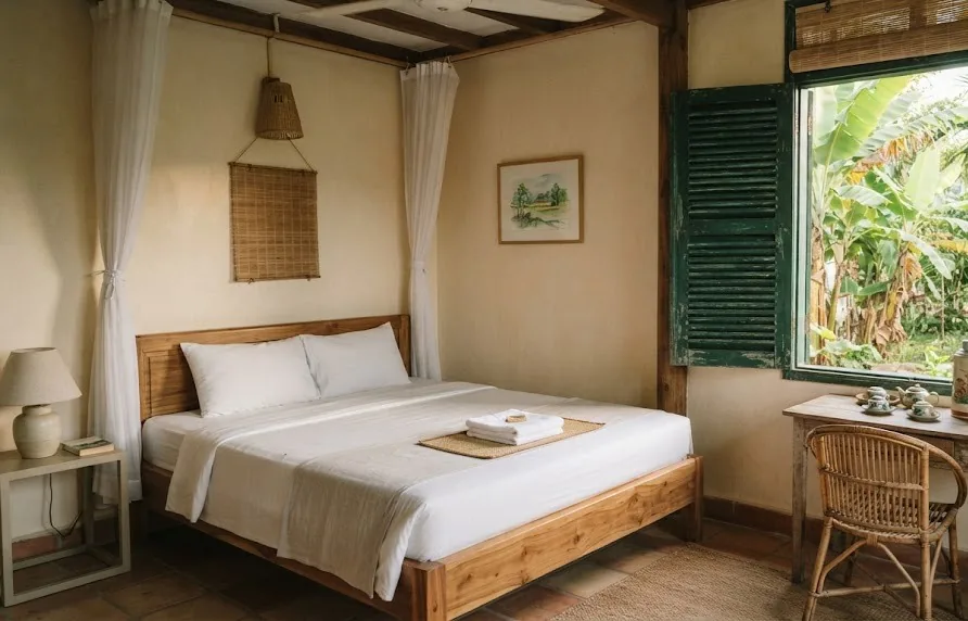 Guest room with a wooden bed, rattan chair, tea set and green shutters open to banana trees