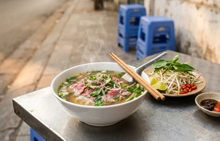 Steaming bowl of beef pho with herbs and bean sprouts on a metal street table in the morning