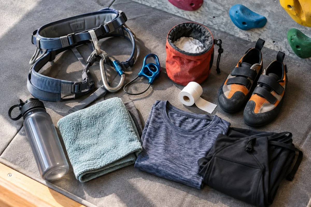Harness, carabiner, belay device, chalk bag, climbing shoes, tape, towel and water bottle