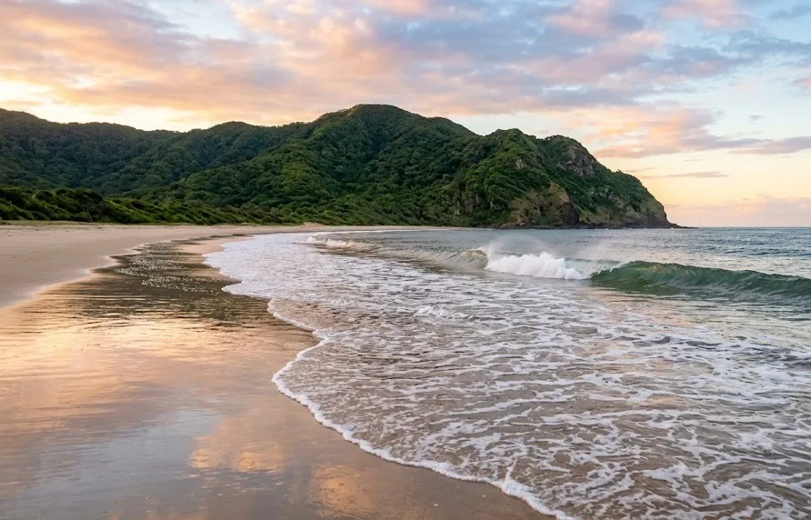 Small clean waves washing onto a wet sandy beach at sunrise with a green mountain headland