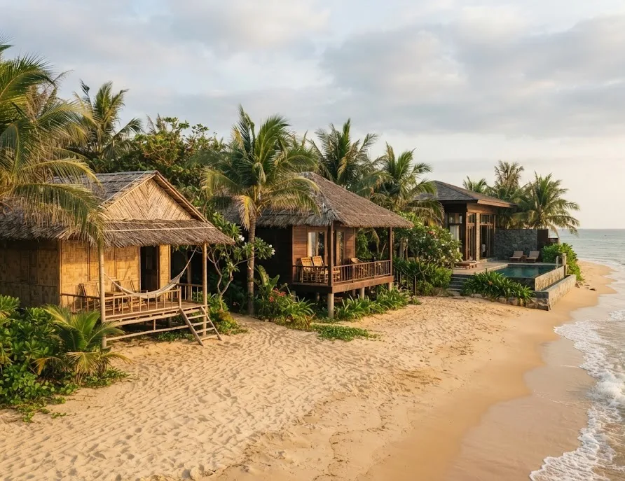 Bamboo hut, wooden bungalow and pool villa side by side along a beach