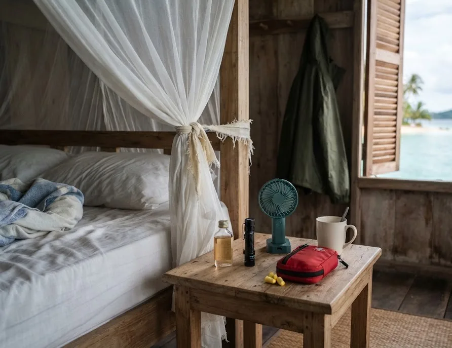 Bungalow bedside with mosquito net, flashlight, fan, first aid kit and rain jacket