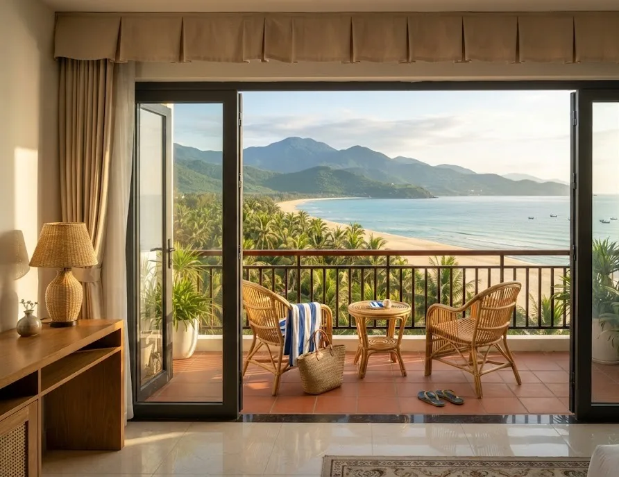 Hotel room balcony with rattan chairs overlooking palms, beach and sea