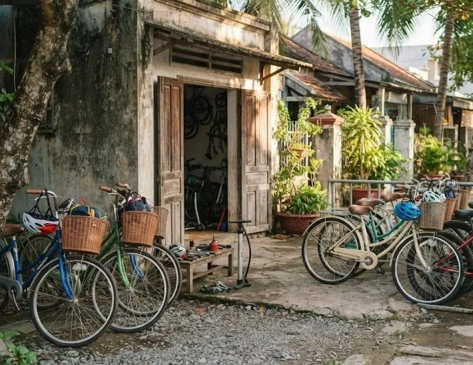 City bikes with baskets and helmets parked outside a small bike rental shop