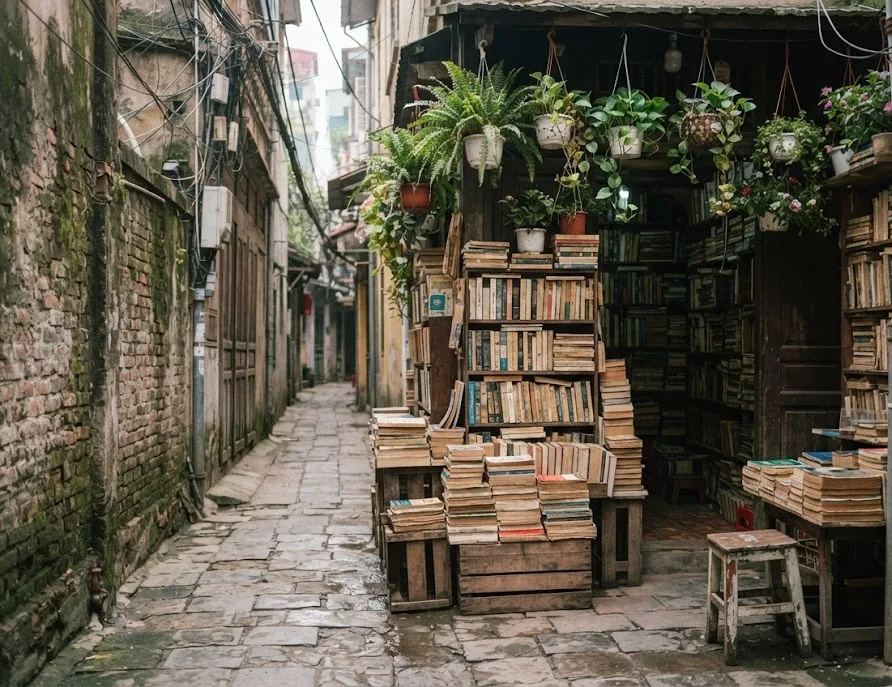 Small secondhand bookshop with stacked books in a narrow old alley