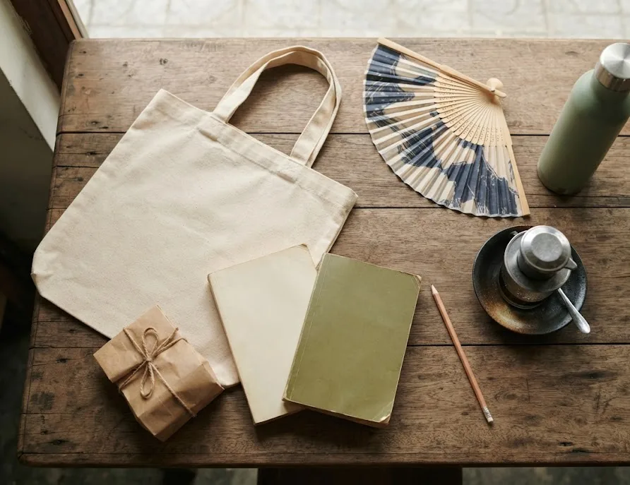 Tote bag, notebooks, hand fan and drip coffee for a day of bookstore hopping