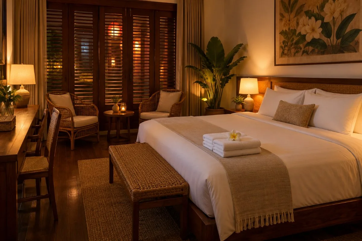 Boutique hotel room with rattan chairs, lamps and lantern glow behind wooden shutters