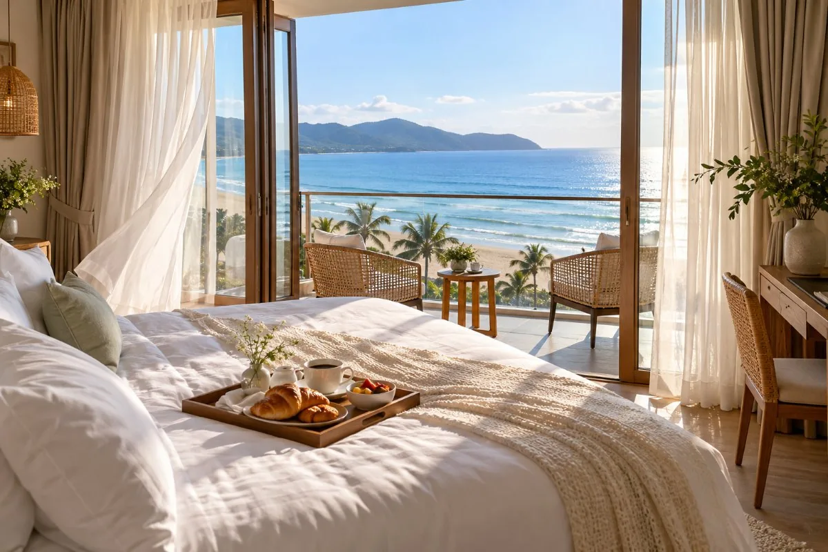 Hotel room with breakfast tray on the bed and an open balcony facing the beach