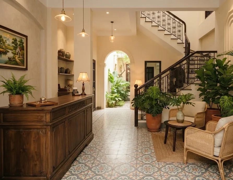 Boutique hotel lobby with patterned cement tiles, a wooden reception desk and rattan chairs