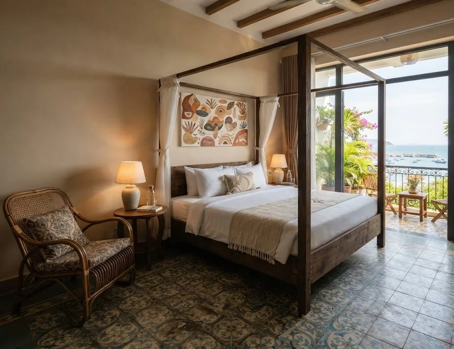 Boutique hotel room with a four-poster bed, rattan armchair and sea view balcony