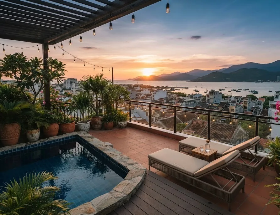Small rooftop plunge pool and loungers above tiled roofs at sunset