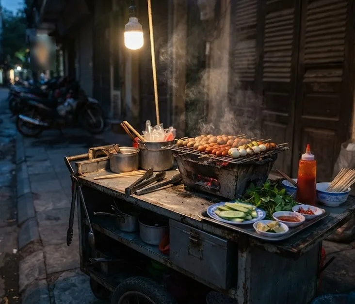 Sidewalk cart grilling meatball and quail egg skewers under a hanging bulb