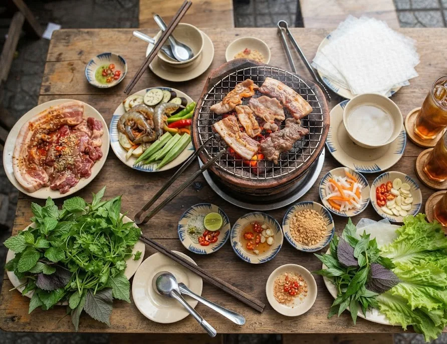 Tabletop BBQ with pork belly, shrimp, herbs, rice paper and dipping sauces
