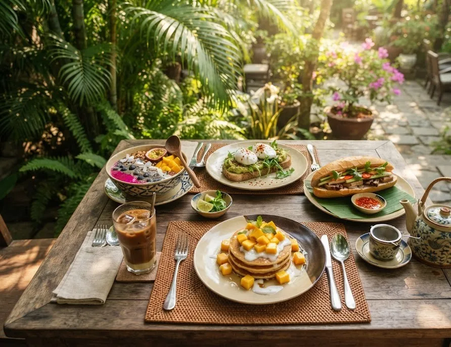 Garden brunch table with avocado toast, banh mi, smoothie bowl and mango pancakes