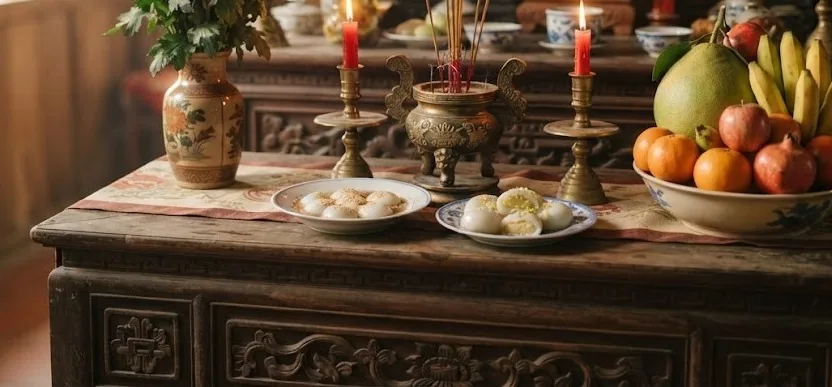 Family altar with plates of floating rice cakes, candles and incense for the Cold Food Festival