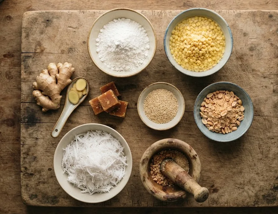 Ingredients for banh troi tau: rice flour, mung beans, ginger, palm sugar, sesame and coconut