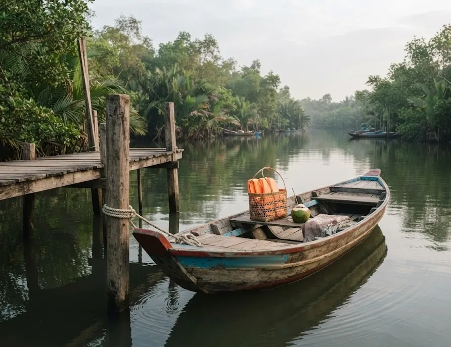 Small wooden boat moored at a mangrove river pier with a basket and coconut