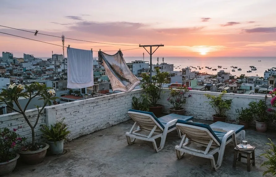 Simple hotel rooftop with loungers and plants overlooking rooftops and the sea at sunset