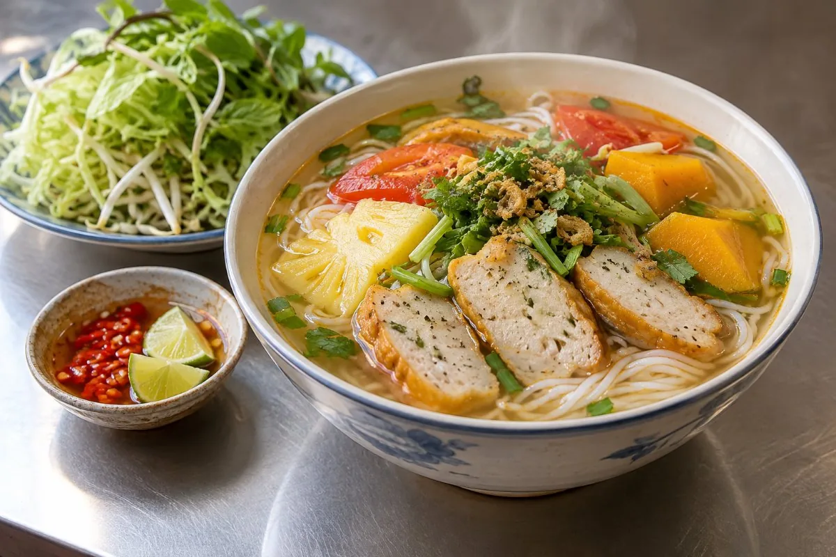 Bun cha ca fish cake noodle soup with tomato, pineapple and pumpkin