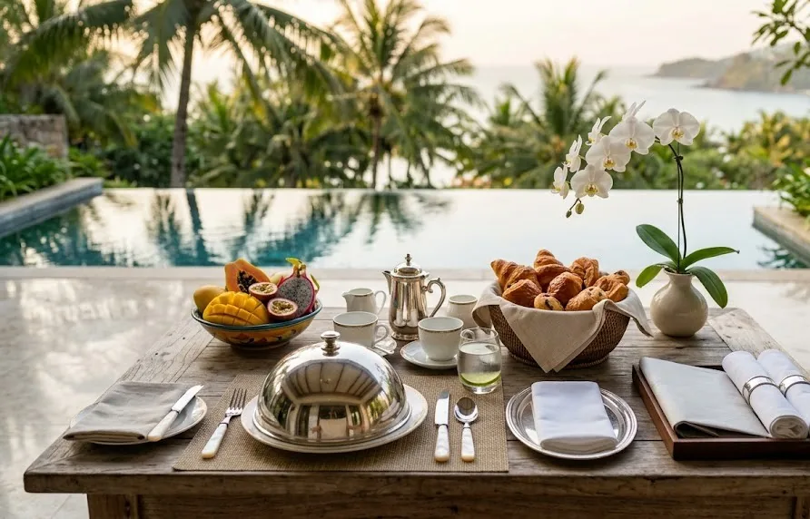 Butler-prepared breakfast with silver cloche, pastries and fruit on a villa terrace by the pool