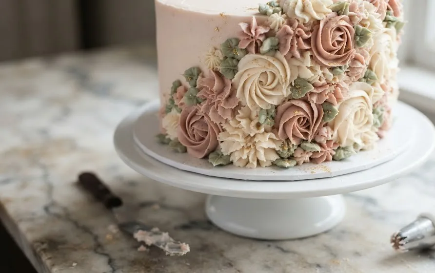 Close up of buttercream rosettes piped on a blush cake with palette knife