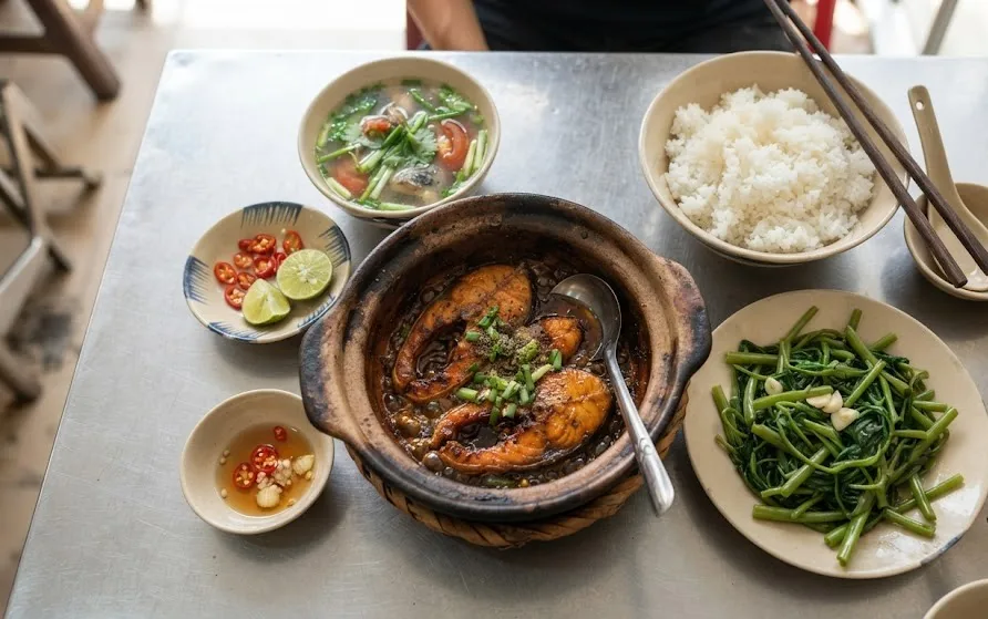 Overhead family meal with a clay pot of braised fish, steamed rice, water spinach and clear soup