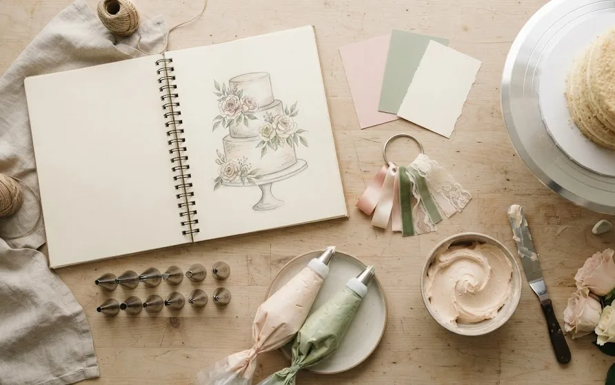 Custom cake design desk with sketchbook, colour swatches and piping tips