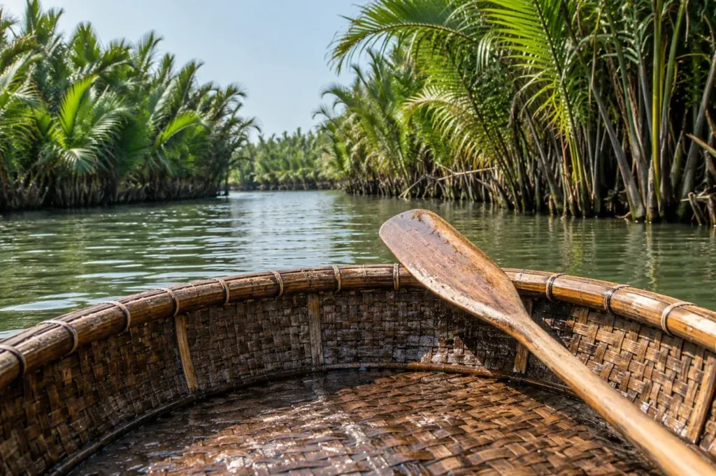 AI illustration: Woven basket boat and wooden paddle