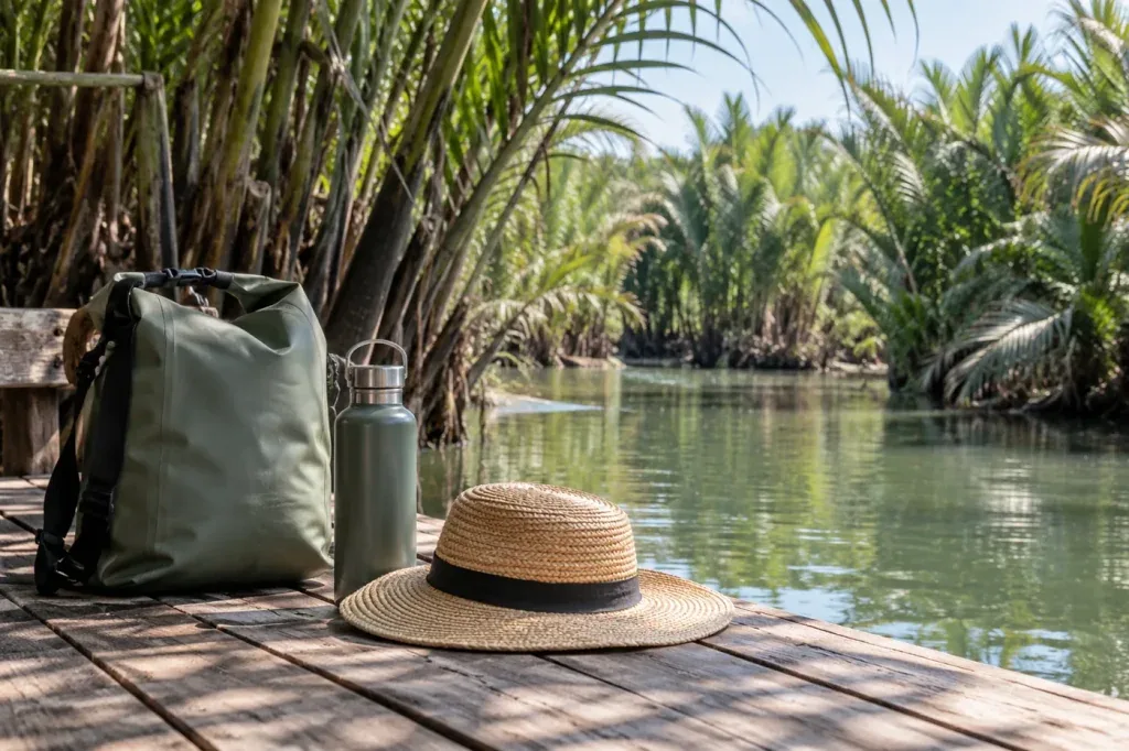 AI illustration: Dry pouch and sun hat beside a shaded landing