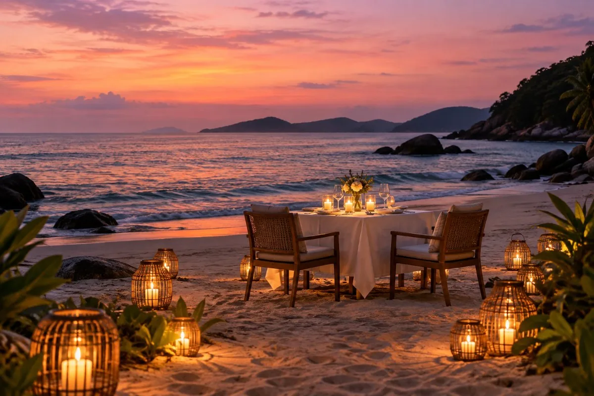 Private dinner table on the sand with lanterns and a pink sunset over the sea