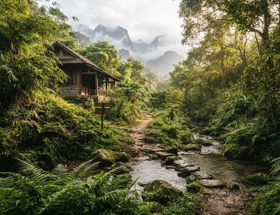 Jungle stream with stepping stones beside a wooden cabin below misty peaks