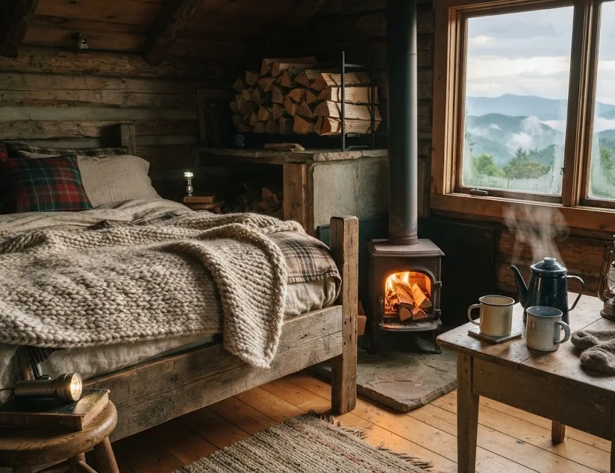 Cozy cabin interior with a knitted blanket, wood stove, kettle and mountain view