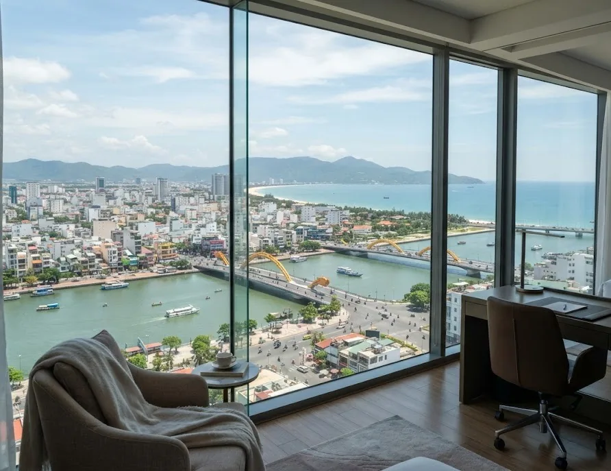 City center hotel room with a big window over the river, bridges and the bay