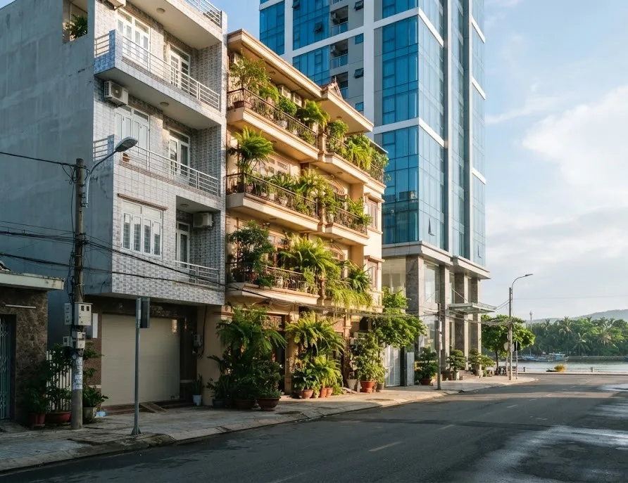 Budget mini-hotel, balcony boutique hotel and glass tower side by side downtown