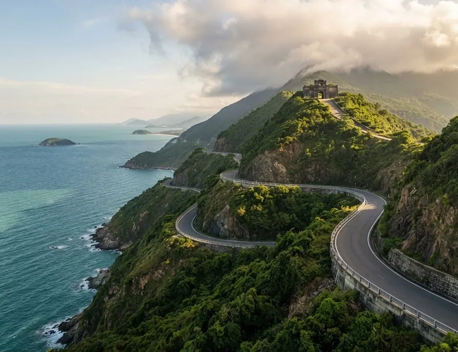 Winding mountain pass road with guardrails above cliffs and a turquoise sea