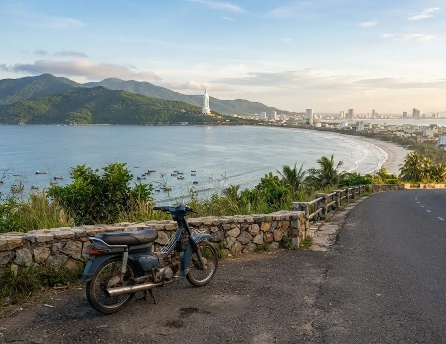 Scooter parked at a coastal viewpoint above a curved bay with a white statue on the hill