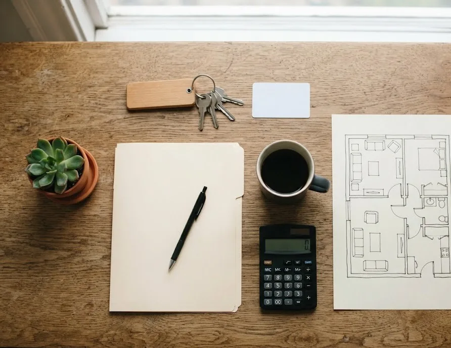Move-in desk with apartment keys, access card, folder, calculator and floor plan