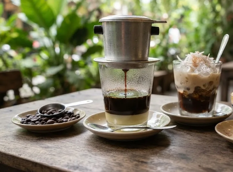 Phin filter dripping over condensed milk beside iced coconut coffee