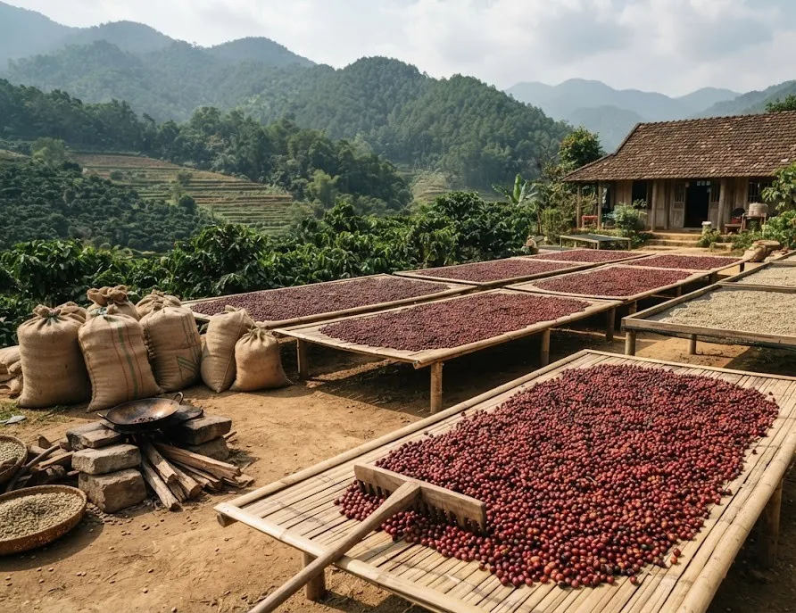Coffee cherries drying on raised bamboo beds beside burlap sacks at a highland farm