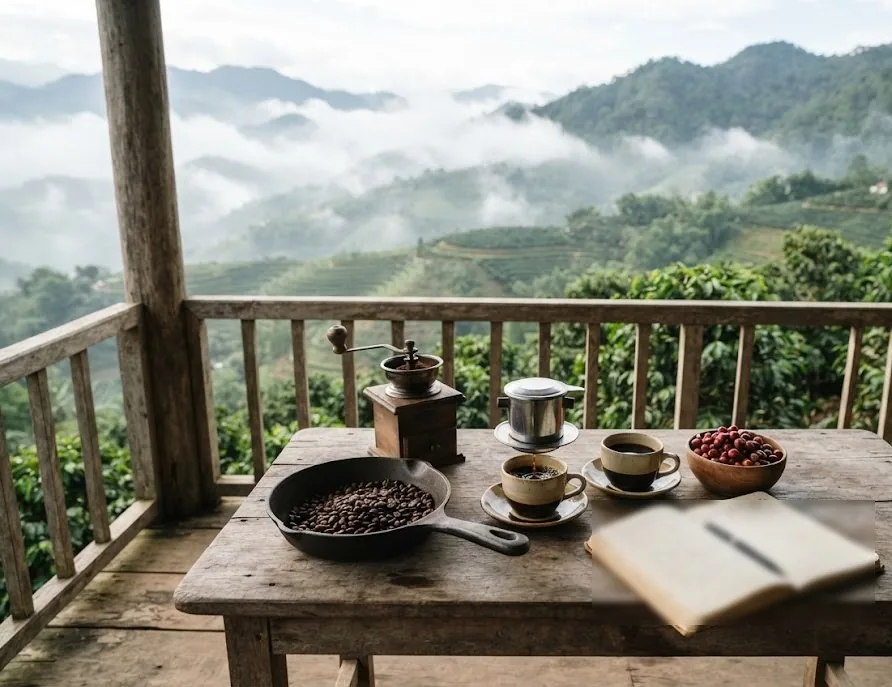 Farm veranda tasting table with roasted beans, a hand grinder and phin coffee above coffee hills