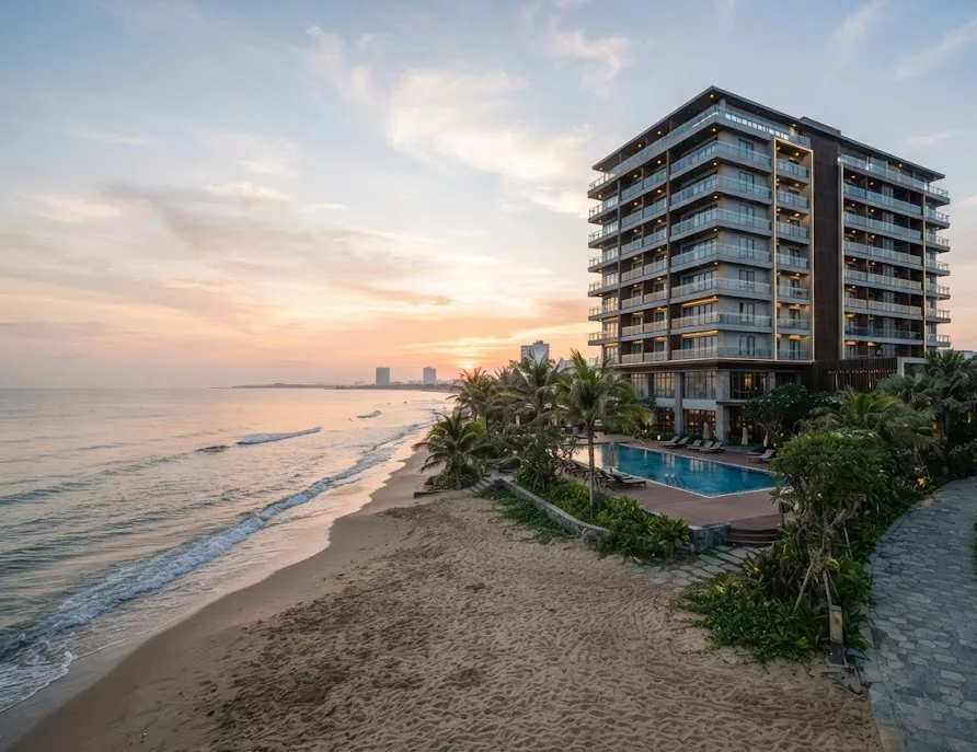Modern beachfront hotel with a pool and palm garden directly on the sand at sunset